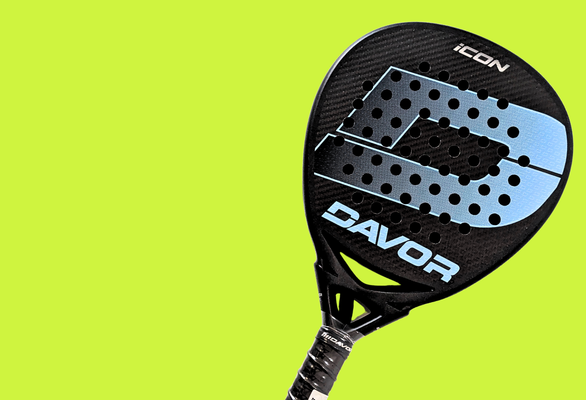 Davor Icon padel racket in black with a blue gradient graphic, shown against a bright lime green background