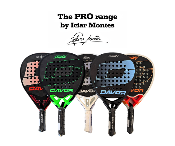 Five Davor padel rackets from the PRO range by Iciar Montes lined up in a row, featuring the Beacon, Legacy, Elite, Icon and Legacy models in black, red, green, white and orange colourways, each with a large hole-patterned face and the Davor logo