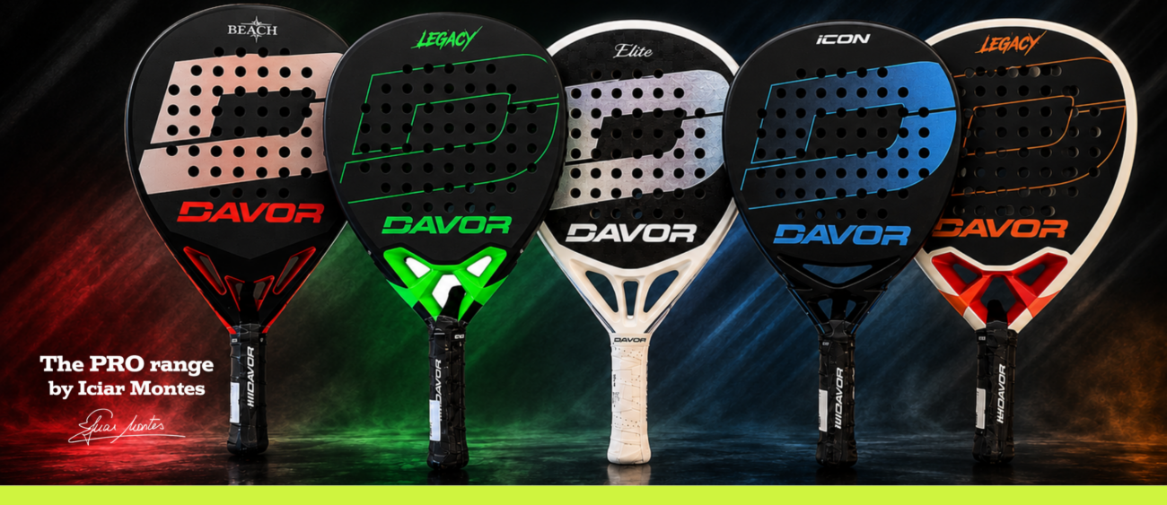 Five Davor padel rackets from the PRO range by Iciar Montes displayed against a dramatic red, green and blue lit background: Beacon, Legacy (green), Elite, Icon and Legacy (orange), each with a large hole-patterned face and the Davor logo