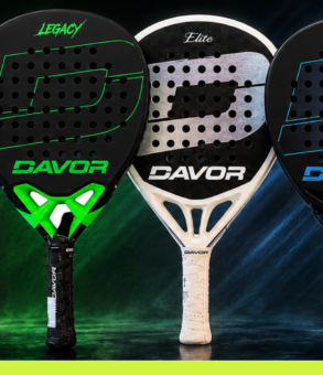 Five Davor padel rackets from the PRO range by Iciar Montes displayed against a dramatic red, green and blue lit background: Beacon, Legacy (green), Elite, Icon and Legacy (orange), each with a large hole-patterned face and the Davor logo