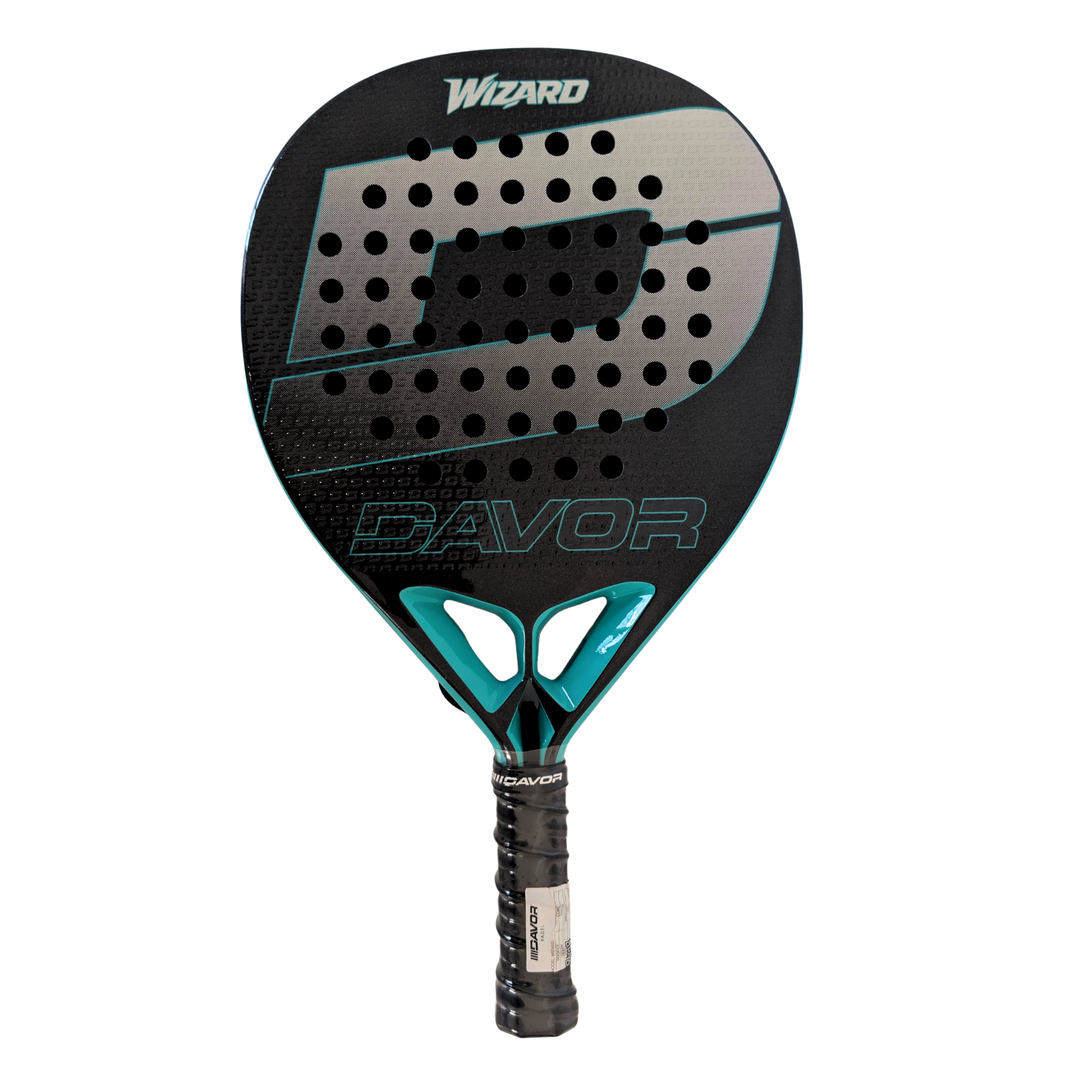 wizard-padel-racquet-iciar-montes-range Davor Wizard padel racquet full view — black and teal teardrop frame with silver carbon face, teal Davor branding and teal bridge,