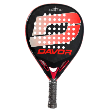 Black and red Beacon Davor padel racket with a teardrop shape, featuring a large stylized “D” graphic, multiple drilled holes across the face, and a textured surface; includes a black grip handle.