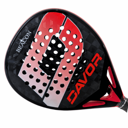 Angled view of the Beacon Davor padel racket highlighting the curved frame, glossy black and red finish, and aerodynamic design near the throat and handle.