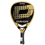 Gold and black Edge Davor padel racket with a teardrop shape, featuring a large stylized “D” graphic, evenly spaced perforation holes across the face, and a textured surface; includes a black wrapped grip handle.
