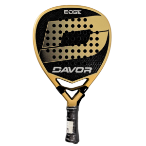 Gold and black Edge Davor padel racket with a teardrop shape, featuring a large stylized “D” graphic, evenly spaced perforation holes across the face, and a textured surface; includes a black wrapped grip handle.
