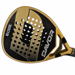 Front-facing view of the Edge Davor padel racket highlighting its gold frame, glossy black face, geometric throat design, and ergonomic handle.