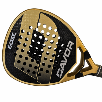 Front-facing view of the Edge Davor padel racket highlighting its gold frame, glossy black face, geometric throat design, and ergonomic handle.