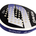 Davor Elite padel racquet edge detail showing 3D textured carbon face, purple gradient design and Icíar Montes PRO Range branding