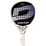 Davor Elite padel racquet front view — black and purple hybrid teardrop frame with white handle, part of the Icíar Montes PRO Range