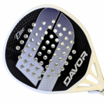 Davor Elite padel racquet side angle showing carbon weave texture, purple and silver face design and white frame edge