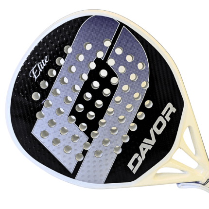 Davor Elite padel racquet side angle showing carbon weave texture, purple and silver face design and white frame edge