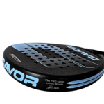 Davor Icon padel racquet edge detail — round format black frame with blue gradient face and Icíar Montes PRO Range signature