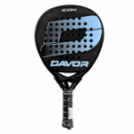 Davor Icon padel racquet front view - round black frame with blue carbon face, DAVOR branding and textured matte finish