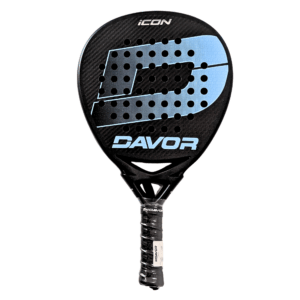 Davor Icon padel racquet front view - round black frame with blue carbon face, DAVOR branding and textured matte finish