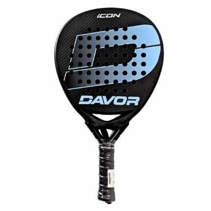 Davor Icon padel racquet front view - round black frame with blue carbon face, DAVOR branding and textured matte finish