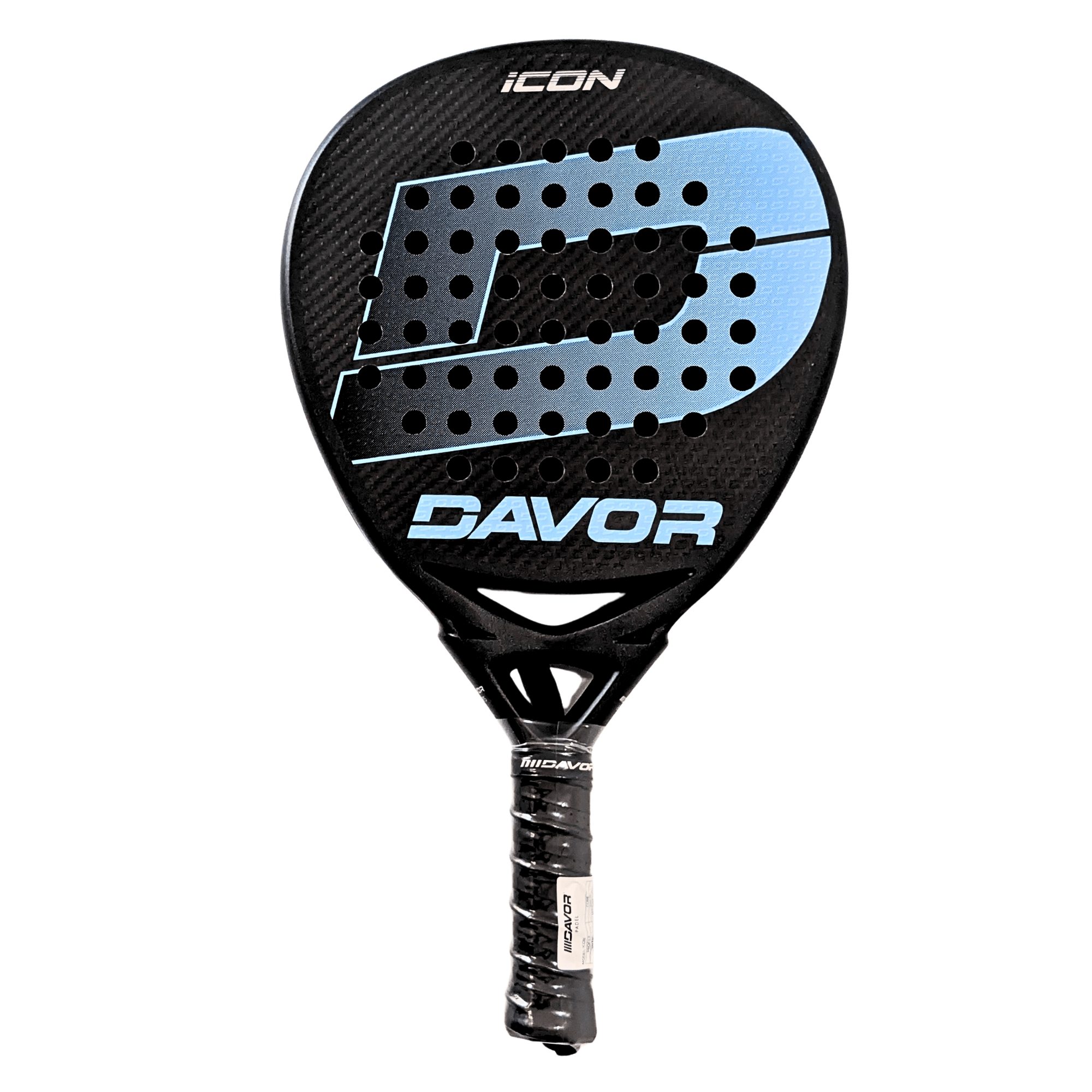 icon-padel-racquet-iciar-montes-range-davor-front Davor Icon padel racquet front view - round black frame with blue carbon face, DAVOR branding and textured matte finish
