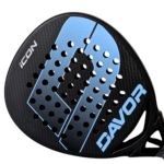 Davor Icon padel racquet side view — round black frame with blue carbon face, DAVOR branding and textured matte finish