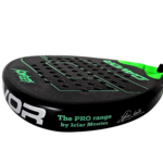 Davor Legacy padel racquet edge detail in green colourway - all-black frame with green carbon face detailing and Icíar Montes PRO Range signature