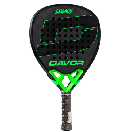 Davor Legacy padel racquet front view in green — black teardrop frame with green Davor branding, green bridge and black grip