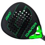 Davor Legacy padel racquet side angle in green - matte black carbon face with green geometric lines and green frame bridge detail