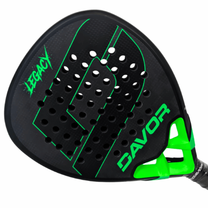 Davor Legacy padel racquet side angle in green - matte black carbon face with green geometric lines and green frame bridge detail