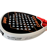 Davor Legacy padel racquet edge detail in orange colourway — white frame with orange and black carbon face and Icíar Montes PRO Range branding