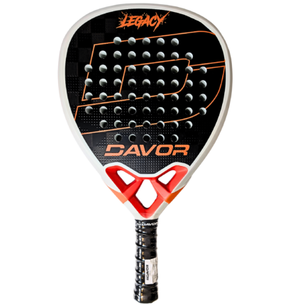 Davor Legacy padel racquet front view in orange — white and black teardrop frame with orange detailing and red bridge, Icíar Montes PRO Range