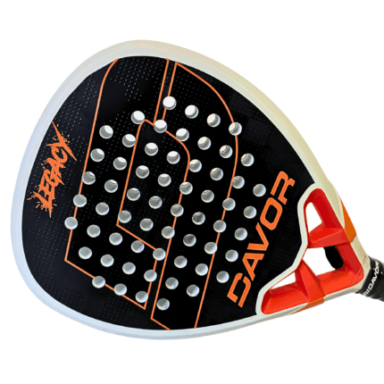 Davor Legacy padel racquet side angle in orange — showing textured carbon face with orange geometric detailing and red frame bridge