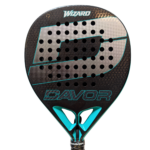 Davor Wizard padel racquet front view - black and teal teardrop frame with silver carbon face, teal Davor branding and teal bridge