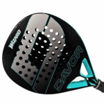 Davor Wizard padel racquet side angle - black carbon body with silver and teal face design, teal frame detailing and textured finish